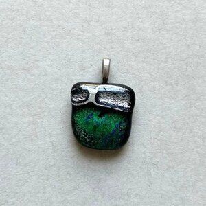 Dichroic Fused Glass Pendant Blue Green Silver Tone 1" Charm